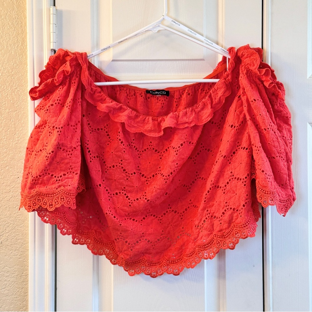 Women’s‎ Coral Off The Shoulders Eyelet Crop Top Size M Summer Casual Top